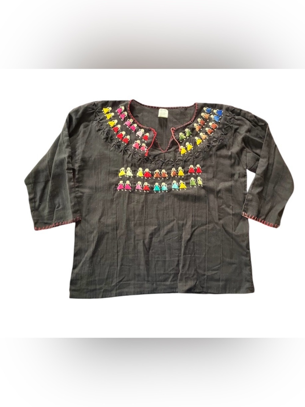 Traditional Mexican Hand Embroidered Blouse Black Munequito 100% Cotton